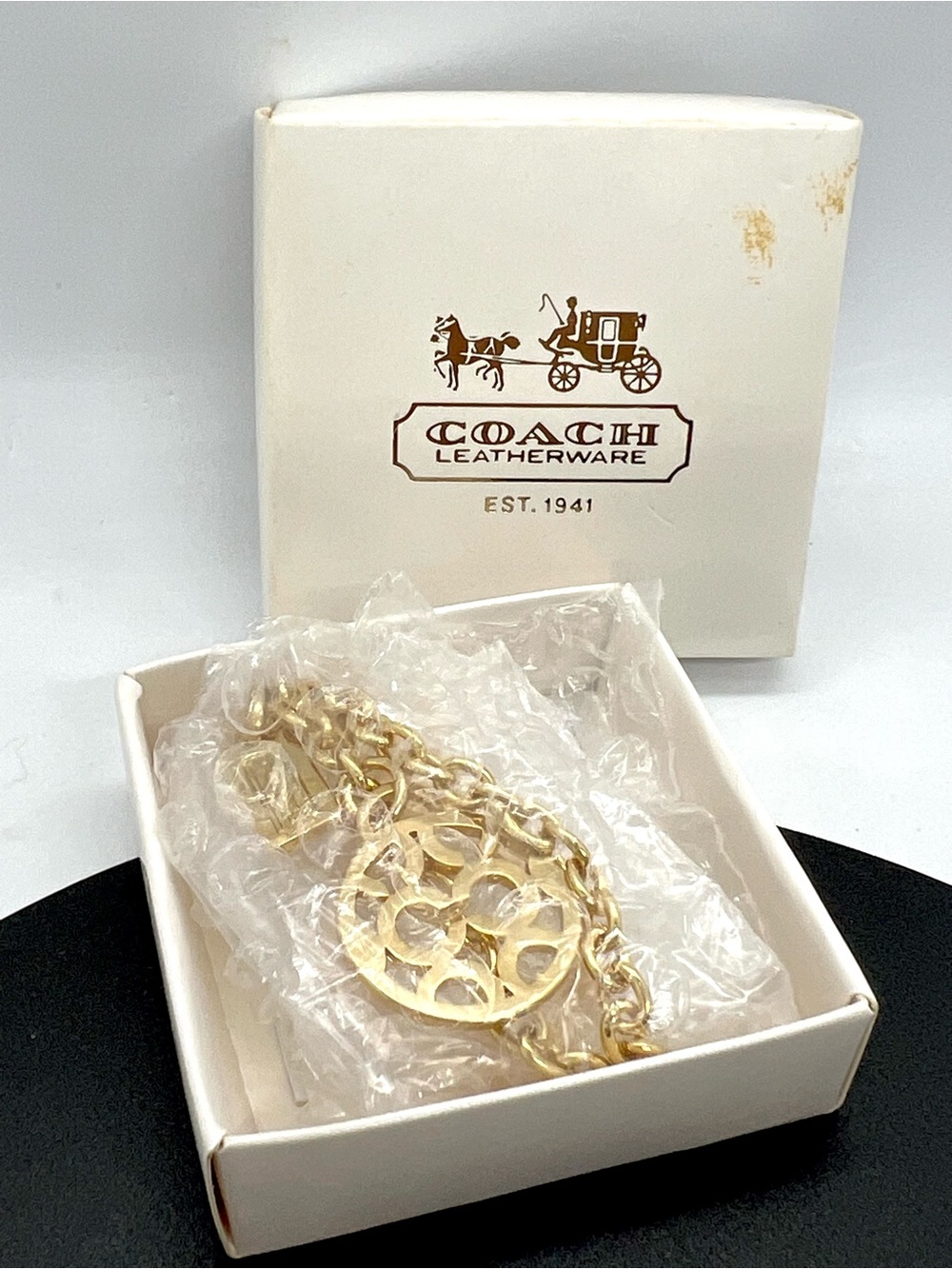 Vintage Coach Op Art Gold Tone Glove Holder Bag Charm Keychain w Box - Picture 10 of 12